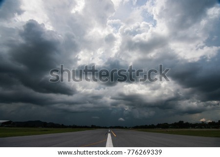 Runway empty realistic with cloudy and empty road , street runway with cloudy strom coming , Bangkok Thailand