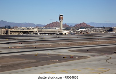 Runways And Control Tower At Sky Harbor Airport In Phoenix, Arizona