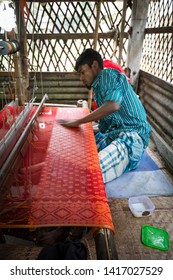 Rupganj, Dhaka Division, Narayanganj District, Bangladesh - 6th March, 2017. Handloom Weavers Creating World Famous Dhakai Jamdani Muslin Sarees Using Cotton And Gold Threads.