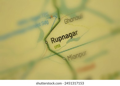 Rupnagar - India Railways junction train station in atlas map town or city name tilt-shift