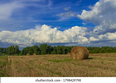 Rural Agriculture Field Scenic View Of Stack Of Hay Landscape In Vivid And Colorful Clear Weather Day Time In August Month 