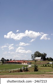 Rural Australian Farm In Country New South Wales, Summer, Clouds, Blue Sky, Australia