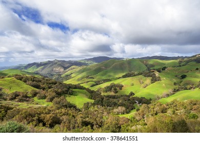 Rural Coastal Hills / Mountains, Blue Sky, White Clouds, & Green Meadows, On The Big Sur Coast, California Central Coast, Near Cambria CA.