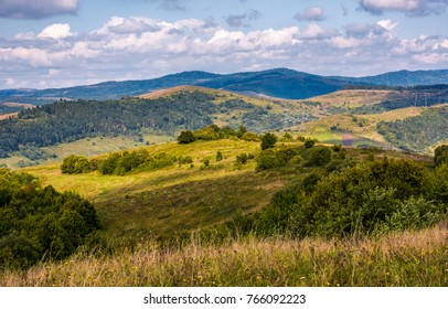 rural countryside with forested hill in mountainous area. lovely early autumn landscape with cloudy sky - Shutterstock ID 766092223