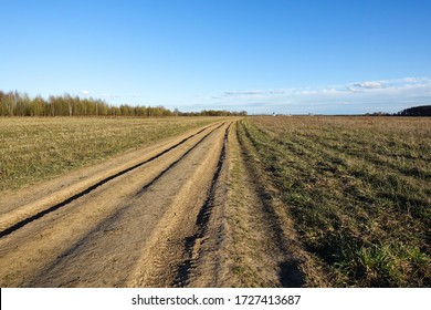 Rural dirt road through the field. Blue sky with clouds