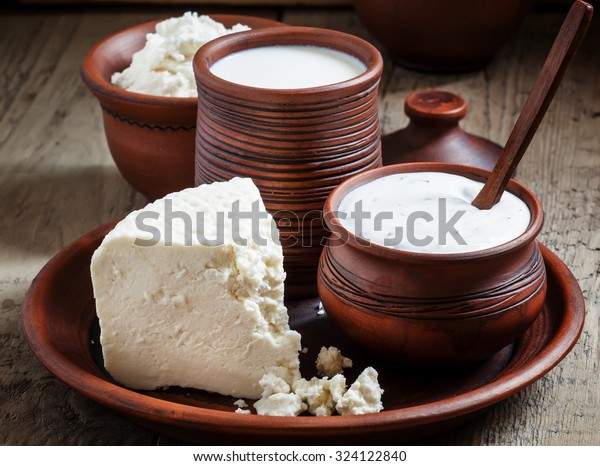 Rural farm dairy products: milk, sheep\'s cheese,\
cottage cheese in pottery in an old rustic background, selective\
focus