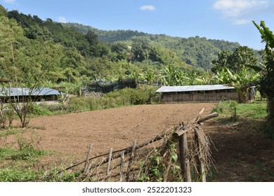 A rural farm nestled in a lush green valley with cultivated land, simple structures, and dense forested hills in the background under a clear blue sky, capturing the essence of countryside life. - Powered by Shutterstock