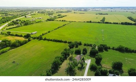 Rural farmland to horizontal lines in Fairland, Oklahoma, center pivot irrigation water energy-efficient with pipeline mobile truss structures motorized wheels move through field, aerial view. USA - Powered by Shutterstock