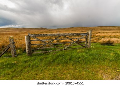 Rural gate with upland UK moorland behind, landscape
