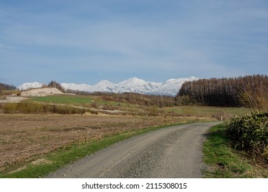 Rural gravel road and snowy mountains in spring
