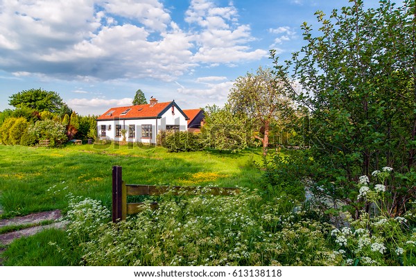 夏の自然の風景の中の田舎の家 の写真素材 今すぐ編集