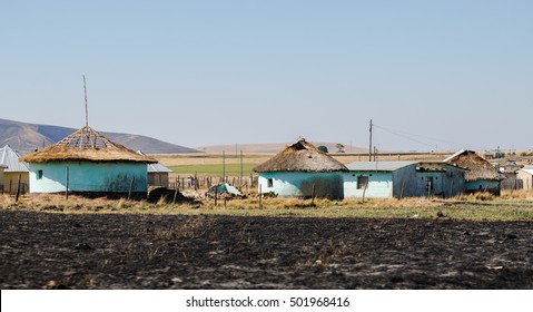 Rural Houses With Thatched Roof Zululand, Bantustan KwaZulu Natal  South Africa. African Poorness Lifestyle, Hard Way Of Living