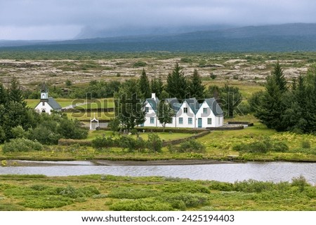 Rural Icelandic Church, Cemetery and Houses at Thingvellir Park