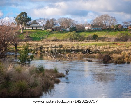 Rural landscape of Australia. View over South Esk River with country houses in distance. Tasmania, Australia.