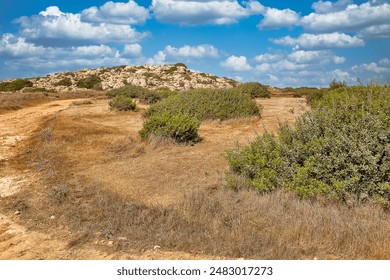 Rural landscape close to Ayia Napa, Cyprus. It is mountainous peninsula with a national park, rock paths, a turquoise lagoon and a natural stone bridge. - Powered by Shutterstock