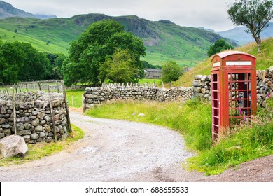 Rural Landscape In Lake District National Park, Road Side Views, Red Telephone Box, United Kingdom