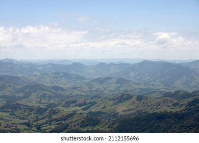 Rural Landscape. Nature, Trees, Mountains And Hills. Sunny Day, No Pollution. No Buildings, No People. Top View Of Countryside Of Sao Paulo State, Brazil. Panoramic View Of A Quiet, Sparsely Populated