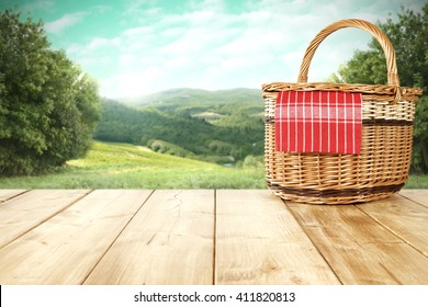 Rural Landscape And Picnic Basket And Summer Time 