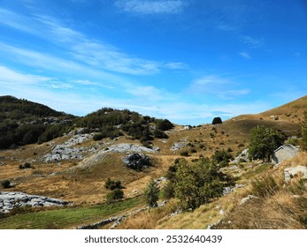 Rural landscape with rocky hills, scattered trees, and traditional stone houses under a clear blue sky in Dolovi, Montenegro. Ideal for travel brochures, nature backgrounds, or cultural tourism ads. - Powered by Shutterstock