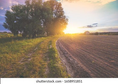 Rural landscape with sunset sky, arable field and dirt road. The countryside landscape in spring in the evening. 