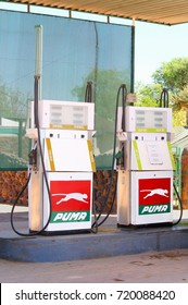 RURAL NAMIBIA, AFRICA - October 10, 2016. Petrol Pumps, Diesel And Unleaded 95 At Puma Gas Station And Mini Market In Small Village. Global Energy Company Puma Is Owned By Trafigura And Sonangol Group