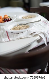 rural round table two plates porridge useful breakfast food