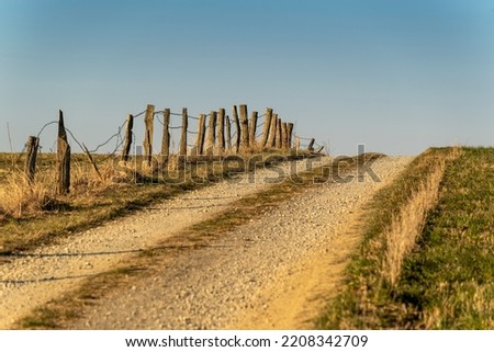 Rural scene with a country lane lined with a rustic fence in the warm evening light, Weserbergland, Germany