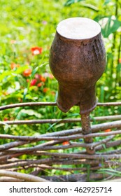 Rural Scenery - Broken Clay Pot Close Up At Wattle Fence