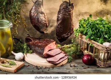 Rural Smokehouse Ham Preparation For Smoking