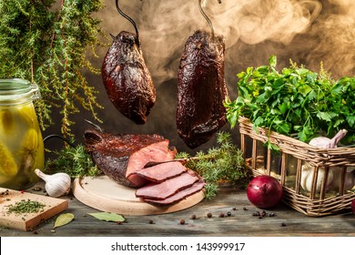 Rural Smokehouse Ham Preparation For Smoking