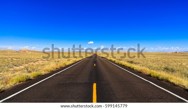 Rural two lane\
highway in the Arizona\
desert.