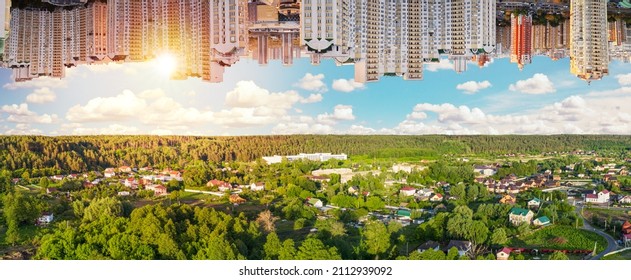 Rural versus urban areas. Beautiful landscape of country village from one side and city laldscape from other. Conceptual picture of increasing in the proportion  of cities. - Shutterstock ID 2112939092