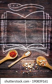 Rural Vintage Wood Kitchen Table With Drawing Blank Cook Book With Spices For Cooking