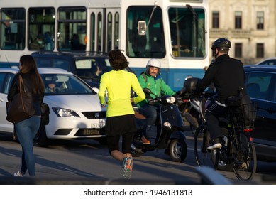 Rush Hour At City Of Zurich, Bellevue Square. Photo Taken March 30th, 2021, Zurich, Switzerland.