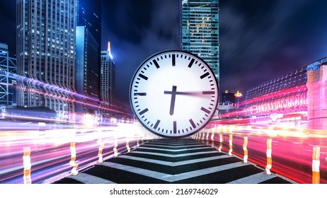 Rush Hour Fast Car Moving Night City And The Clock Spins Fast ,Fast Moving Traffic Drives Moving Fast Light Each Effect Line Light Cg Time Lapse