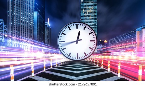 Rush Hour Fast Car Moving Night City And The Clock Spins Fast ,Fast Moving Traffic Drives Moving Fast Light Each Effect Line Light Cg Time Lapse