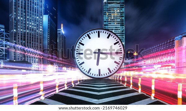 Rush hour Fast car moving night city and the\
clock spins fast ,Fast moving traffic drives moving fast light each\
effect line light cg time\
lapse