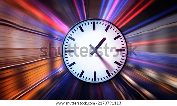 Rush hour Fast car moving tunnel and the clock\
spins fast ,Fast moving traffic drives moving fast light each\
effect line light cg time\
lapse