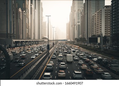 Rush Hour With Many Cars On Dubai City Road, Traffic Jam In Downtown.