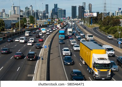 Rush Hour Queues Beginning To Form On A Major Melbourne Freeway