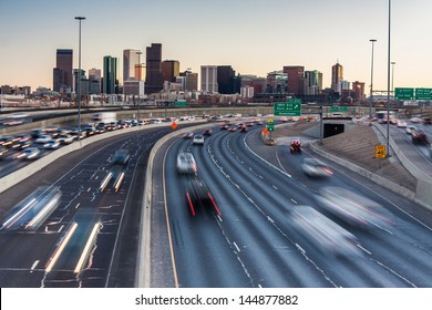  Rush hour traffic on I-25 looking towards downtown Denver, Colorado, USA