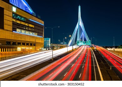 Rush hour traffic on Zakim Bunker Hill bridge in Boston, MA
