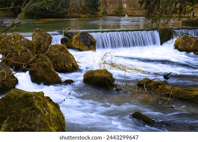 Rushing water cascades over a small waterfall surrounded by moss-covered rocks and bare branches in a serene woodland setting. - Powered by Shutterstock