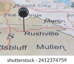 Rushville, Nebraska marked by a black map tack. The City of Rushville is the county seat of Sheridan County, NE.