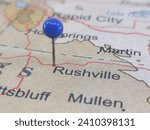 Rushville, Nebraska marked by a blue map tack. The City of Rushville is the county seat of Sheridan County, NE.