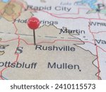 Rushville, Nebraska marked by a red map tack. The City of Rushville is the county seat of Sheridan County, NE.