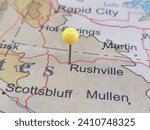 Rushville, Nebraska marked by a yellow map tack. The City of Rushville is the county seat of Sheridan County, NE.