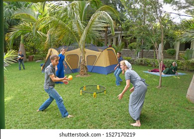 Rusinga Island, Kenya - October 5 2019: Mennonites Playing Spike-ball