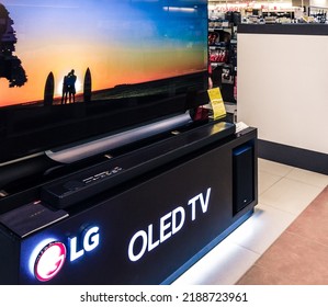 Russia, 2022: 8k OLED TV LG Home Theater System, Shows The Demo Pictures In An Electronic Shop