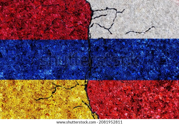 Russia and Armenia painted flags on a wall with\
grunge texture. Russia and Armenia conflict. Armenia and Russia\
flags together. Russia vs\
Armenia